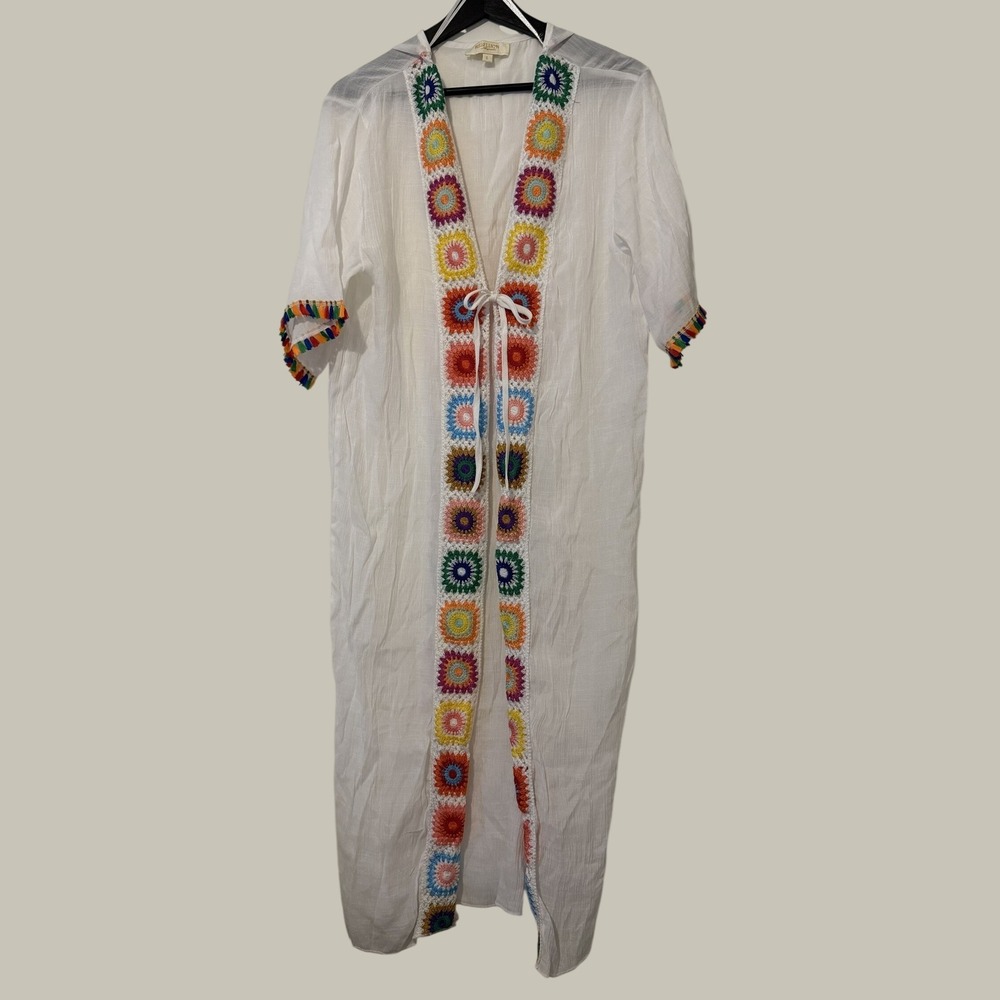 Rebellion Again White Crochet Granny Square Trim Kimono Cover Up Women Large
